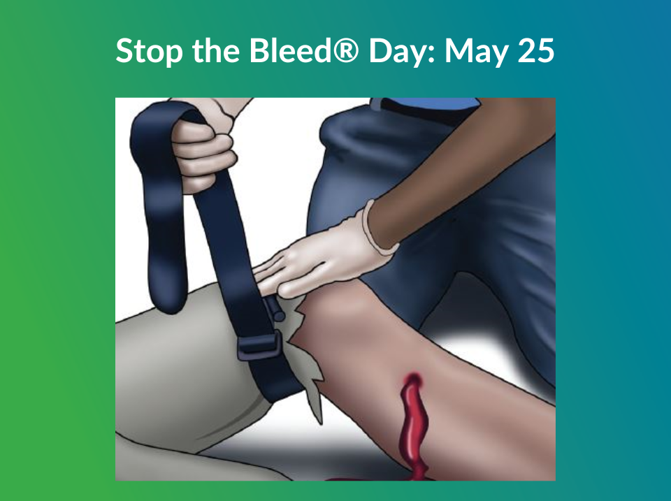 graphic of man applying a tourniquet above a human thigh, with cut and blood showing in calf