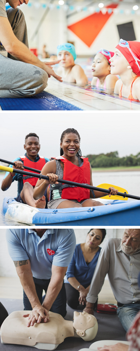 Three images top swimming students listing to instructor, middle couple kayaking and smiling, bottom man performing CPR demo on 