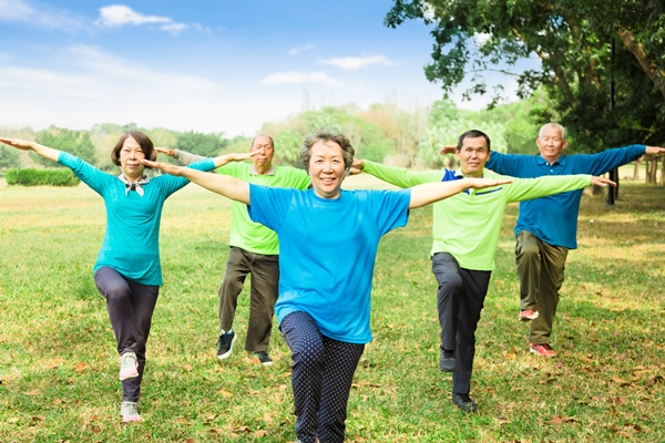 Group of smiling seniors exercise together in park