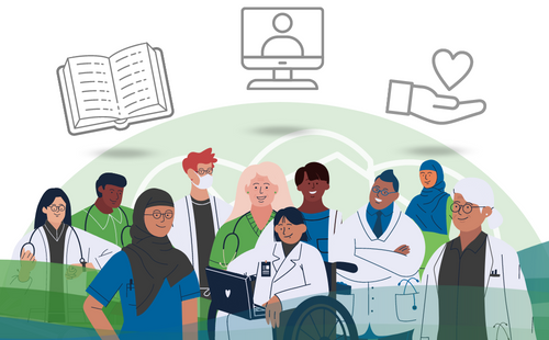 An array of illustrated health care providers stand together and give a sense of community and support