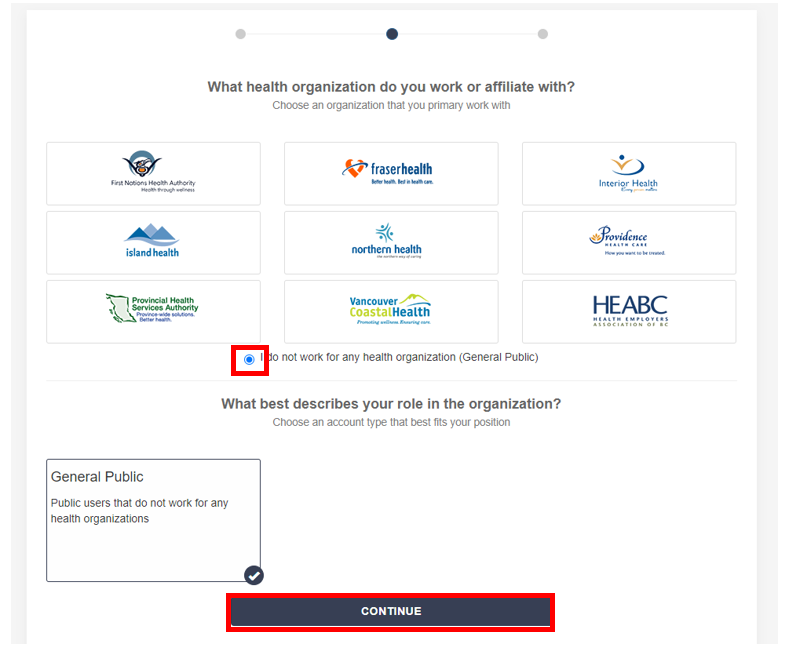 Screenshot showing organization options when creating account in LearningHub