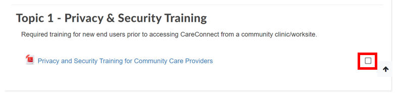Screenshot showing checkbox for completion of privacy & security training in LearningHub