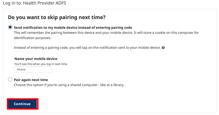Screenshot of CareConnect scrren for skipping pairing next time