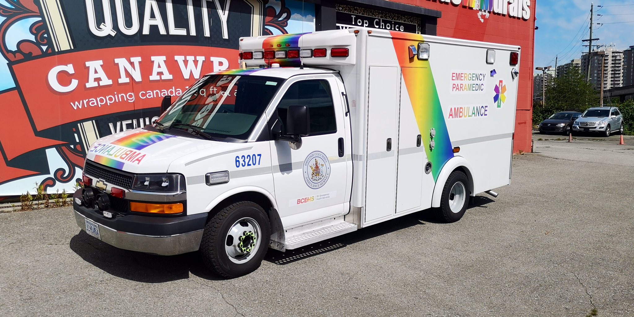 British Columbia Emergency Health Services' (BCEHS) Pride-themed ambulance parked in New Westminster in 2019 