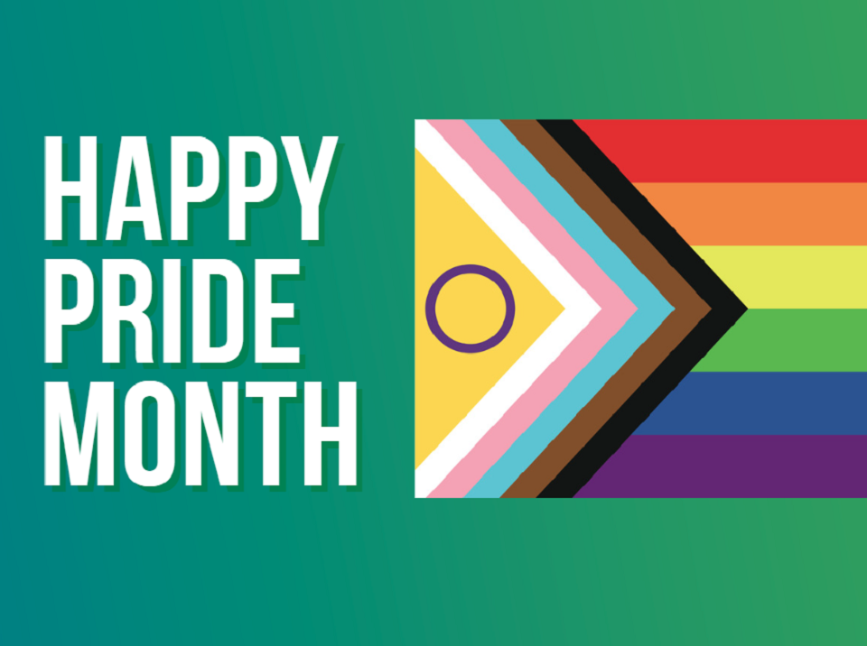 Pride flag graphic with text saying "Happy Pride Month"
