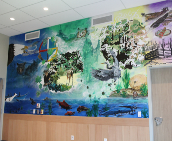 Mural painting showing wildlife of BC, including eagles, bears, deer, owls, herons and salmon