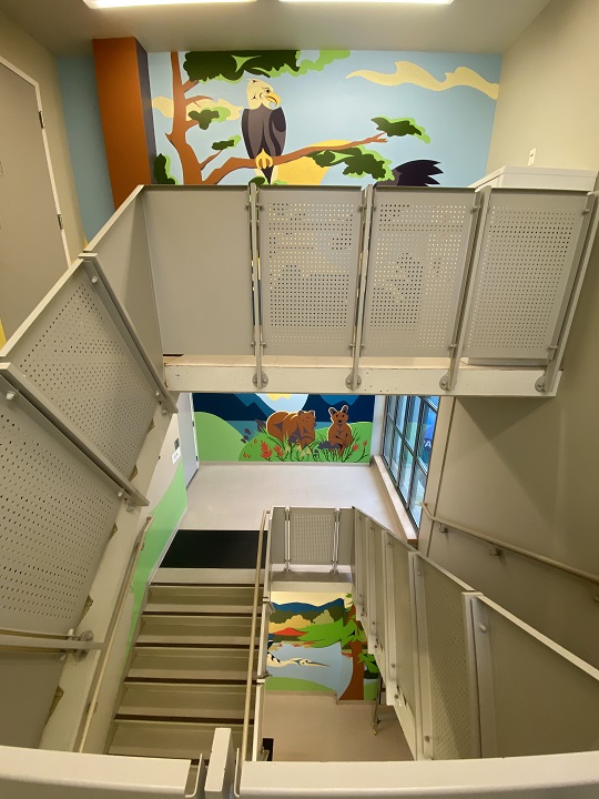 Stairwell with paintings of BC wildlife on each level