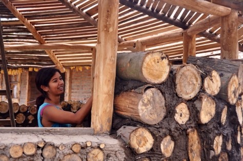 Women building the wall of a wooden house