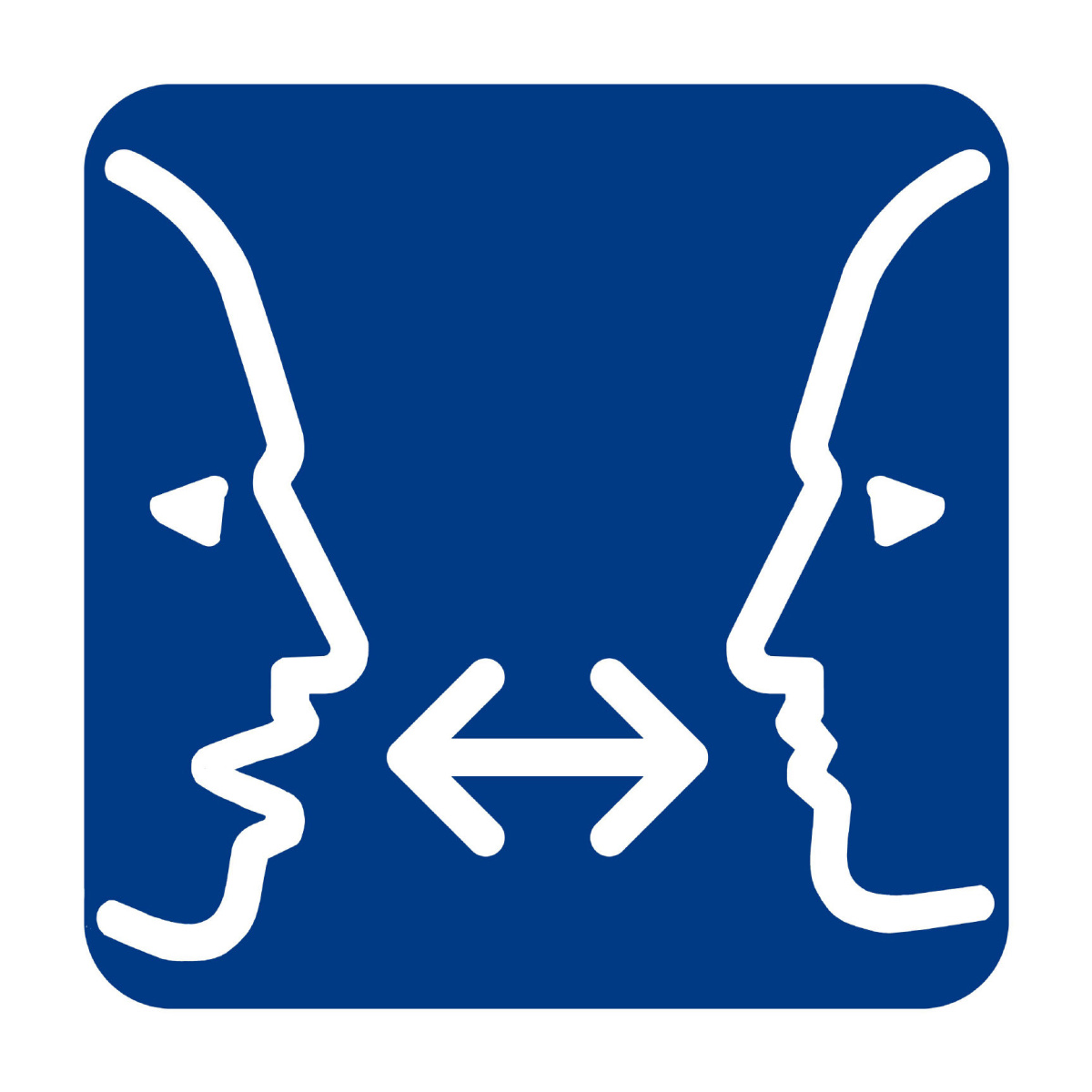 Communication access symbol shows two heads facing each other, one with mouth open, one with mouth closed, and arrows pointing back and forth between them