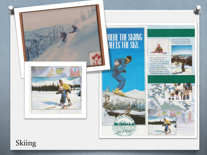 Pages from a magazine showing Sandy skiing