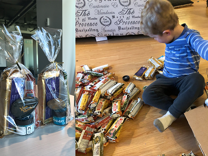 Two care packages on the left; and a little boy with a pile of candy bars on the right