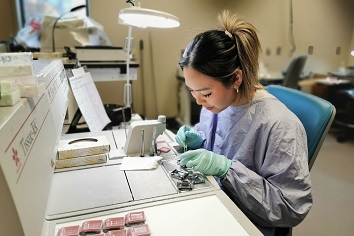 Two lab technicians looking at a document