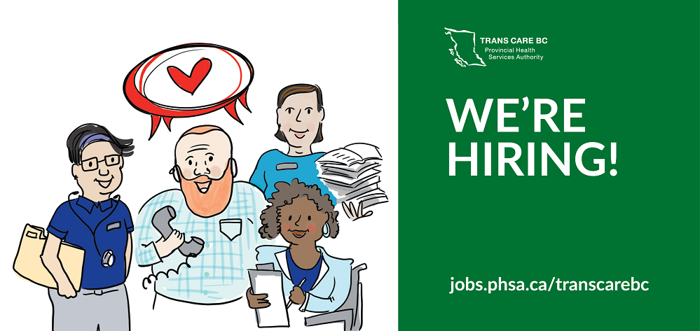 Four adults with office supplies. We’re hiring! Go to jobs.phsa.ca/transcarebc